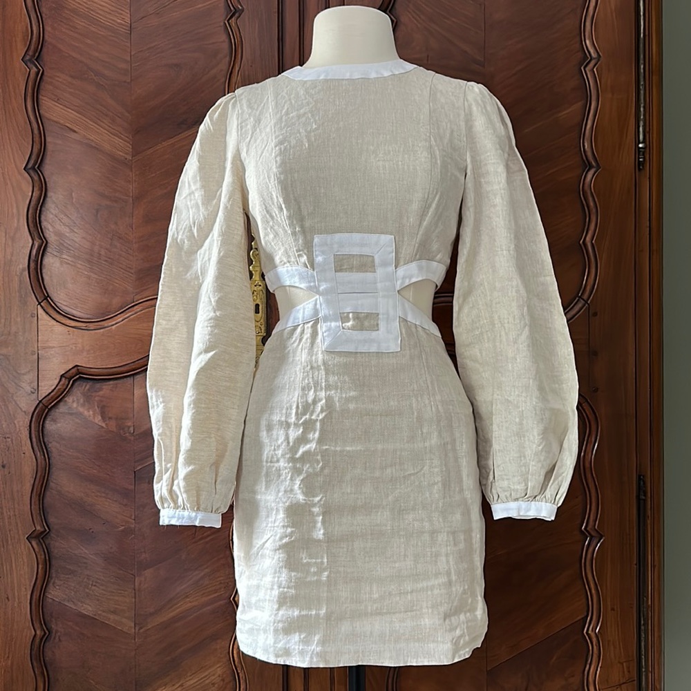 Staud Judy dress in natural/white linen with long sleeves and cut-outs Size 6